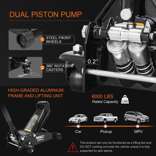 Torin 3 Ton Floor Jack Hydraulic Heavy Duty Steel Car Jack with Quick Lift Dual Pump,Black,W8303-B - Image 2