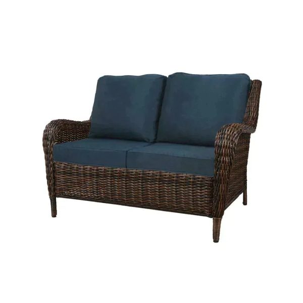 Hampton Bay Cambridge Brown Wicker Outdoor Loveseat with Blue Cushions