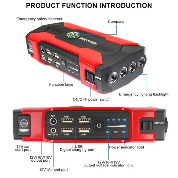 TASHHAR Jump Starter 12V Car Battery Pack Booster Jumper Box Emergency Start Power Bank Supply Charger with Built-in LED Light - Image 7