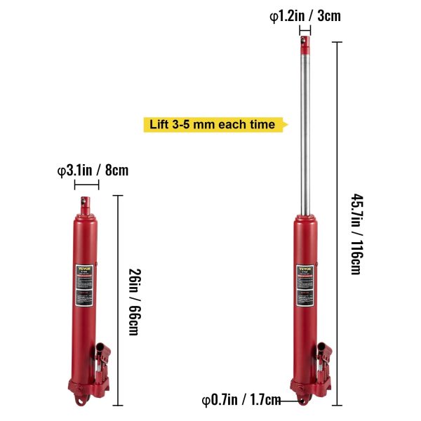 VEVOR Hydraulic Long Ram Jack, 8 Tons/17636 lbs Capacity, with Dual Piston Pump and Clevis Base, Manual Cherry Picker with Handle, for Garage/Shop Cranes, Engine Lift Hoist, Red - Image 3