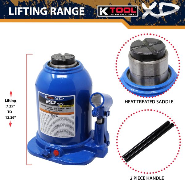 K Tool International XD63224 20 Ton Short Hydraulic Bottle Jack for Garages, Repair Shops, and DIY, 44,000 lbs. Capacity, Lift Range 7.25"-13.39", Heavy Duty Steel, Load-limiting/Bypass Valves, Blue - Image 6