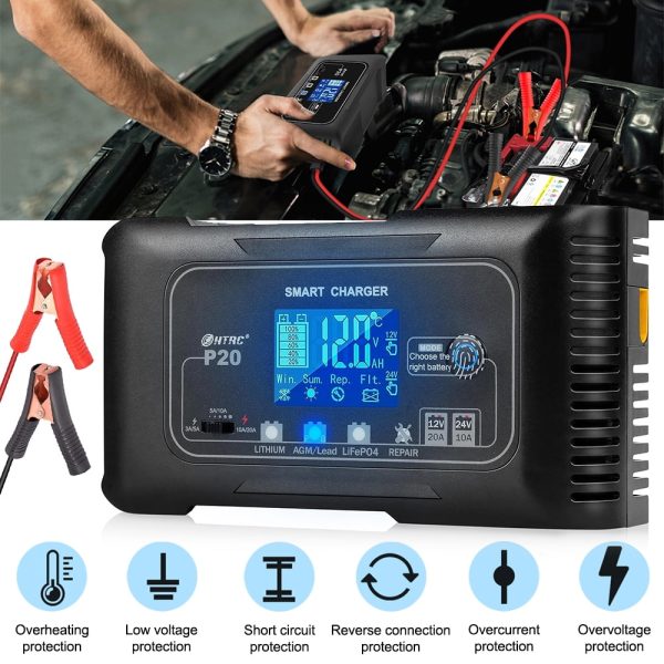 20-Amp Smart Battery Charger,Lithium,LiFePO4,Lead-Acid(AGM/Gel/SLA..) Car Battery Charger,Trickle Charger, Maintainer/deep Cycle Charger,12V/20A and 24V/10A,for Boat,Motorcycle,Lawn Mower,Golf - Image 5