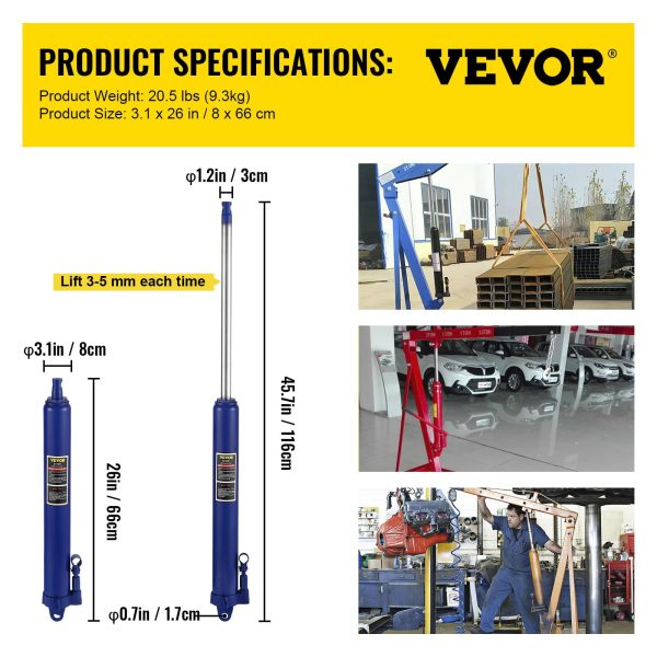 VEVOR Hydraulic Long Ram Jack, 8 Tons/17363 lbs Capacity, with Single Piston Pump and Clevis Base, Manual Cherry Picker with Handle, for Garage/Shop Cranes, Engine Lift Hoist, Blue - Image 7