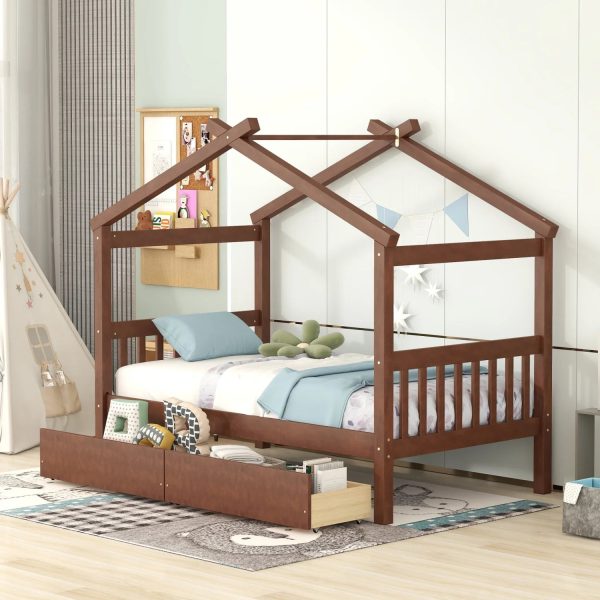 Upgrade your bedroom decor with this cozy and elegant Twin Size Wooden House Bed. Featuring spacious drawers and a stylish walnut finish this bed is the perfect addition to your bedroom.