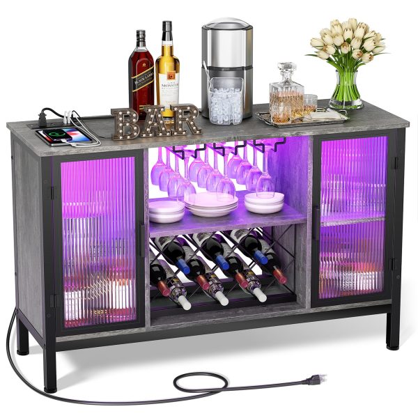 Zarler Sideboard Buffet Cabinet with Power Outlet and Light, LED Wine Cabinet for Liquor and Glasses, 47" Kitchen Storage Cabinet for Living Room(Dark Grey)