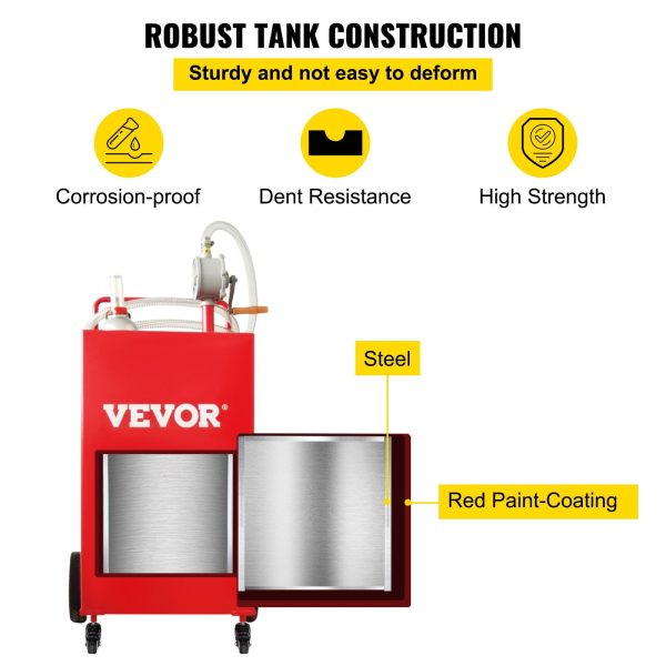 VEVOR 35-Gallon Fuel Caddy with Manual Transfer Pump, Gas Storage Tank on 4 Wheels for Gasoline, Diesel - Image 6