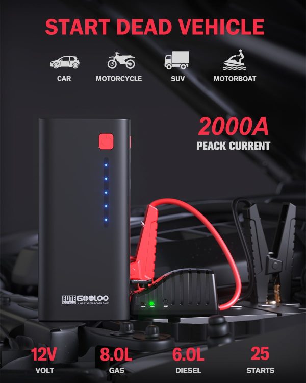 GOOLOO Car Jump Starter,2000A Jumper Pack (Up to 8.0L Gas and 6.0L Diesel Engine),12V Portable Battery Booster Box Car Starter with USB Quick Charge and LED Light - Image 4