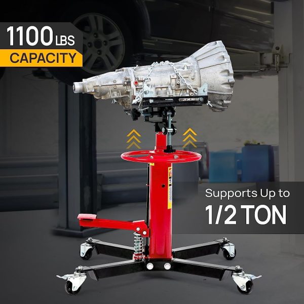 TUFFIOM Transmission Jack, 1,100 lbs 1/2-Ton Hydraulic 2-Stage High Lift Vertical Telescoping Floor Jack Stand, 34" to 68" Lifting Range, w/Pedal, 360° Swivel Wheels, Garage/Shop Lift Hoist - Image 2