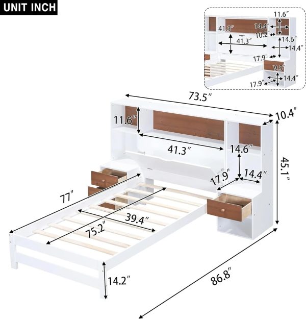 Twin Size Platform Bed with Storage Headboard and Drawers, Wooden Storage Bed Frame for Bedroom, Dorm, Bedroom Furniture - Image 2