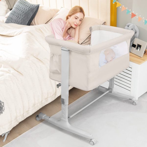 BABY JOY Bassinet Bedside Sleeper, 3 in 1 Folding Crib w/Adjustable Height, Mattress, Lockable Wheels, Storage Pocket & Carry Bag for Infant Newborn, Stationary & Rock, Portable Baby Bassinet (Beige)