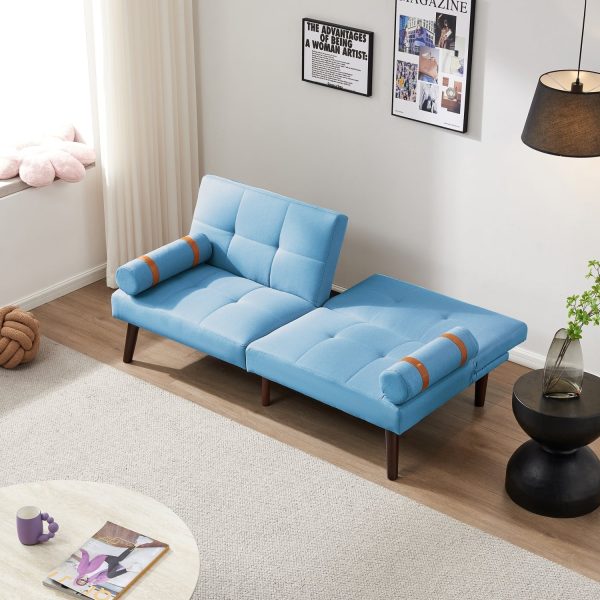 Blue Linen Modern Convertible Futon Sofa Bed with Solid Wood Legs for Versatile Sleeping Options and Stylish Living Room Decor. - Image 6