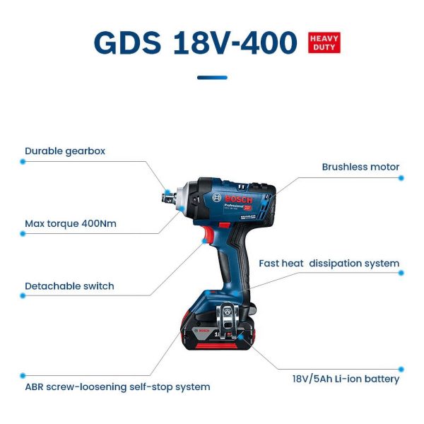 Bosch Impact Wrench 18V Brushless Lithium 400N.m High Torque Rechargeable GDS 18V-400 Electric Wrench Cordless Power Tools - Image 6