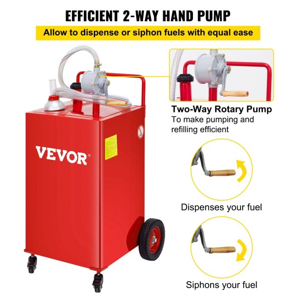 VEVOR 30 Gallon Fuel Caddy, Gas Storage Tank & 4 Wheels, with Manuel Transfer Pump, Gasoline Diesel Fuel Container for Cars, Lawn Mowers, ATVs, Boats, More, Red - Image 3