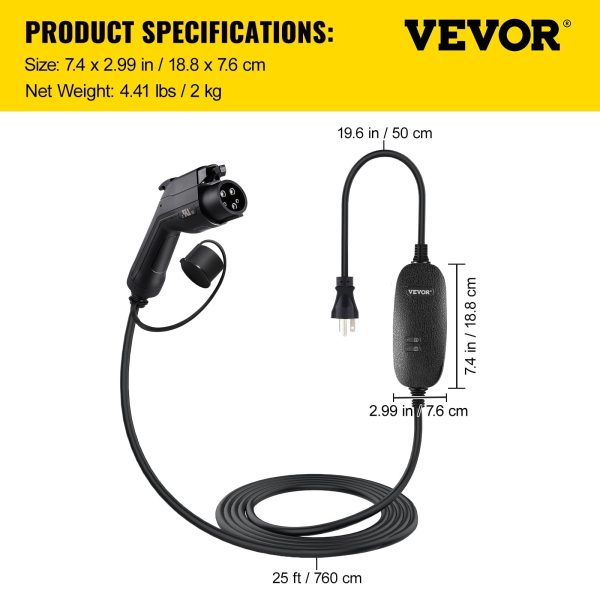 VEVOR Level 2 EV Charger, 16 Amp 110V-240V 3.84 kW, Portable Electric Vehicle Charger with 25 ft Charging Cable NEMA 6-20 Plug, SAE J1772 Standard Plug-in Home EV Charging Station for Electric Cars - Image 3