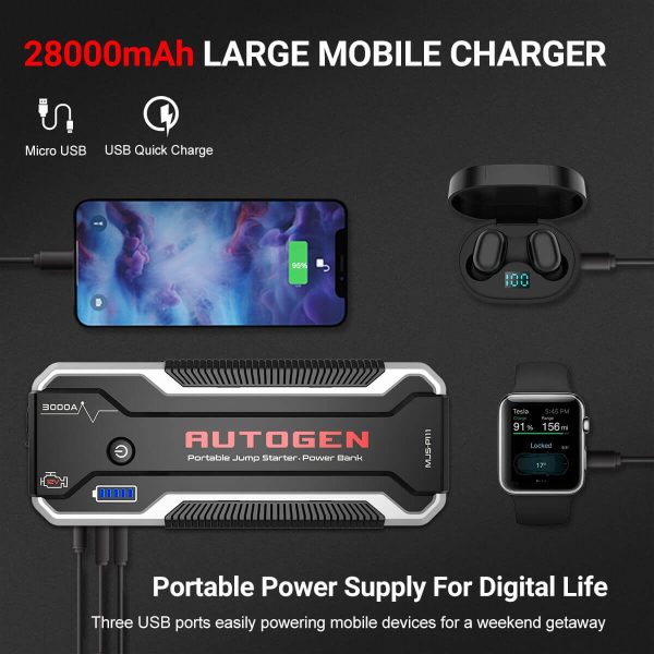 AUTOGEN 3000A Car Battery Charger for Up to 10.0L Gas & Diesel 12V Portable Jump Starter - Image 13