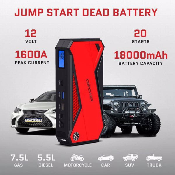 DBPOWER Peak 1600A 18000mAh Car Battery Jump Starter, up to 7.2 Gas, 5.5L Diesel Engines, Portable Battery Booster with Smart Charging Port, LCD Display, Intelligent Jumper Clamps, DJS90, Red Black - Image 2