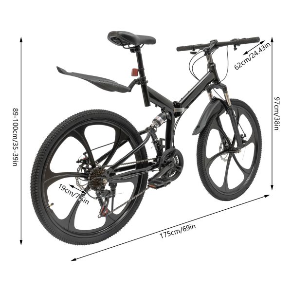 Aiqidi 26 Inch 21 Speed Folding Mountain Bike Full Suspension MTB Dual Disc Brakes Bicycle Foldable City Road Bike Seat Height Adjustable Unisex Adult Bicycle Black - Image 7