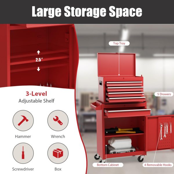 Goplus Tool Chest, 5-Drawer Rolling Tool Storage Cabinet with Detachable Top Tool Box, Liner, Universal Lockable Wheels, Adjustable Shelf, Locking Mechanism, Metal Tool Cart for Garage Workshop - Image 8