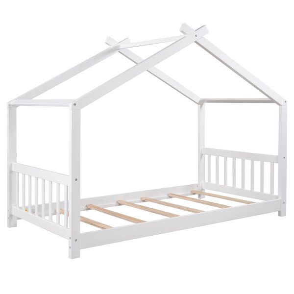 Twin Size White House Platform Bed with Roof Design Headboard and Footboard, Kids Bedroom Furniture