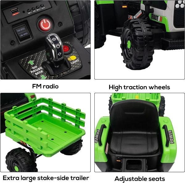 Track 7 24V Ride on Tractor with Trailer, 400W Motor, 6-Wheels Ride on Truck Car with Remote Control, Music, Lights, Electric Tractor Max Speed 5 mph, Green - Image 4