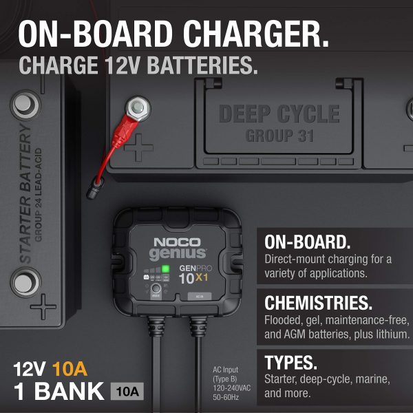 NOCO Genius GENPRO10X1, 1-Bank, 10A (10A/Bank) Smart Marine Battery Charger, 12V Waterproof Onboard Boat Charger, Battery Maintainer and Desulfator for AGM, Lithium (LiFePO4) and Deep-Cycle Batteries - Image 2