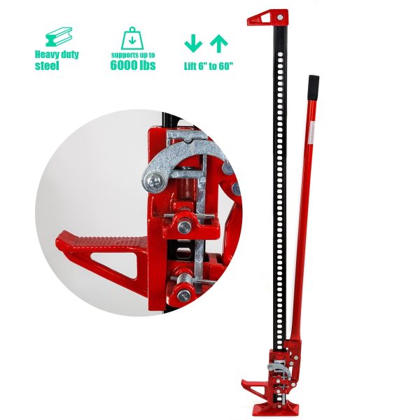 60" Ratcheting Off Road Utility Farm Jack, 3 Ton (6,000 lb) Capacity Detachable Handle SUV Truck Farm Van Bumper Tractor, Red - Image 5