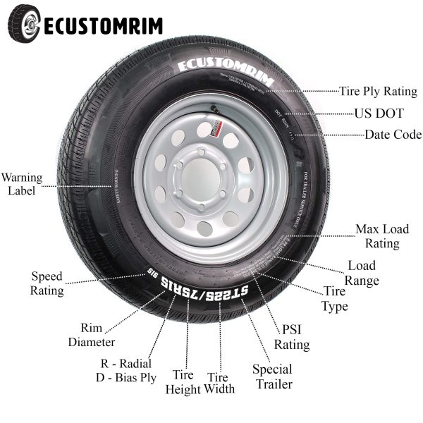 Radial Trailer Tire On Rim ST225/75R15 225/75-15 15 D 6 Lug Wheel Silver Modular - Image 6