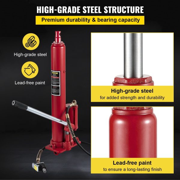 VEVOR Hydraulic / Pneumatic Long Ram Jack, 8 Tons/17363 lbs Capacity, with Single Piston Pump and Clevis Base, Manual Cherry Picker w/Handle, for Garage/Shop Cranes, Engine Lift Hoist, Red - Image 6