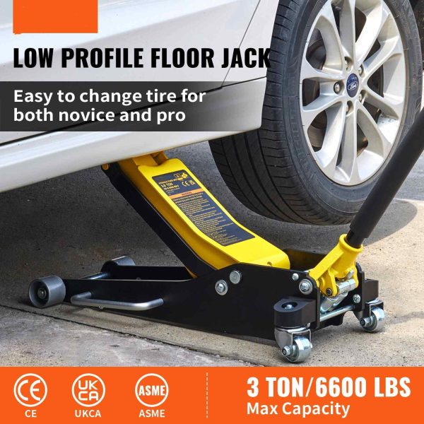 BENTISM Low Profile Floor Jack 3 ton (6600 lbs), Aluminum and Steel Hydraulic Racing Floor Jack, Dual Piston Quick Lift Pump, 19-11/16"-3-6/11" Height Lifting Range, Yellow+Black - Image 2