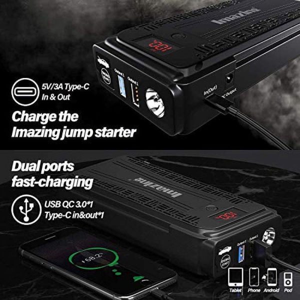 Imazing Portable Car Jump Starter - 2500A Peak 20000mAH (Up to 8L Gas or 8L Diesel Engine) 12V Auto Battery Booster Portable Power Pack with LCD Display Jumper Cables, QC 3.0 and LED Light - Image 4