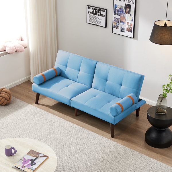 Blue Linen Modern Convertible Futon Sofa Bed with Solid Wood Legs for Versatile Sleeping Options and Stylish Living Room Decor. - Image 3