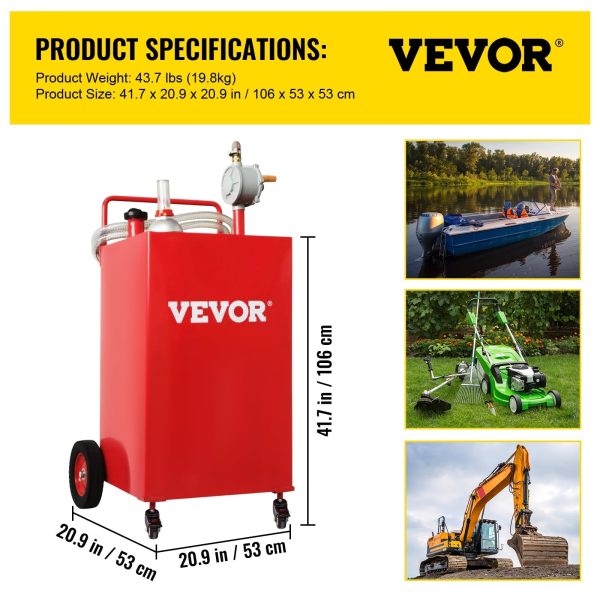 VEVOR 35 Gallon Gas Caddy, Fuel Storage Tank with 4 Wheels, Portable Fuel Caddy with Manuel Transfer Pump, Gasoline Diesel Fuel Container for Cars, Lawn Mowers, ATVs, Boats, More, Red - Image 4