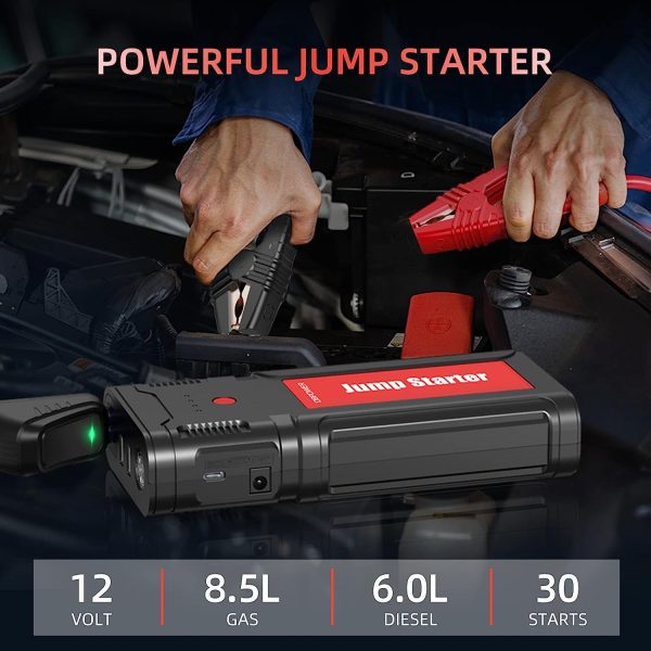 DBPOWER Car Jump Starter - 2500A Peak, 21800mAh Battery, Quick Charge, 12V Portable Booster for 8.0L Gas/6.5L Diesel Engines,Black Red - Image 6