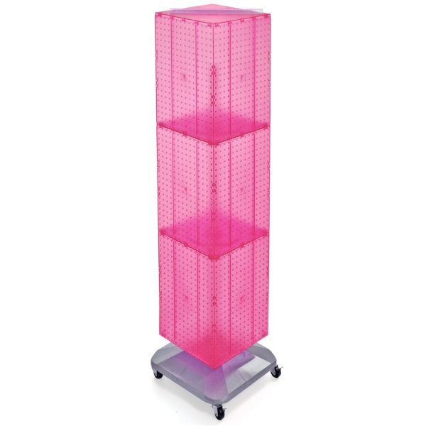 Azar Displays 701465-PNK Pink Four-Sided Pegboard Tower Floor Display on Revolving Wheeled Base. Spinner Rack Stand. Panel Size: 14"W x 60"H