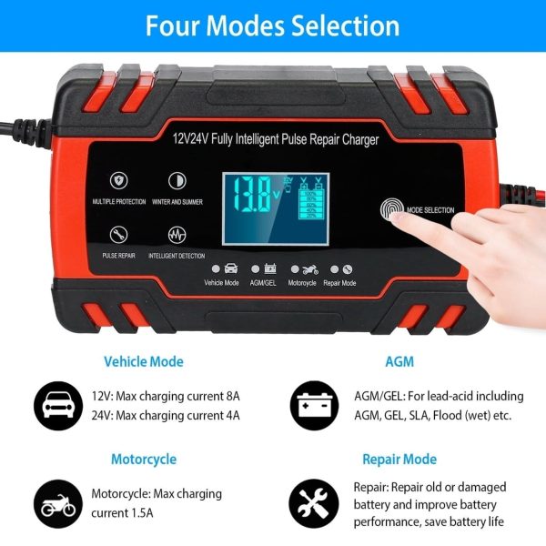 Car Battery Charger 12V 8A 24V 4A Smart Automatic Battery Charger with LCD Display - Image 2