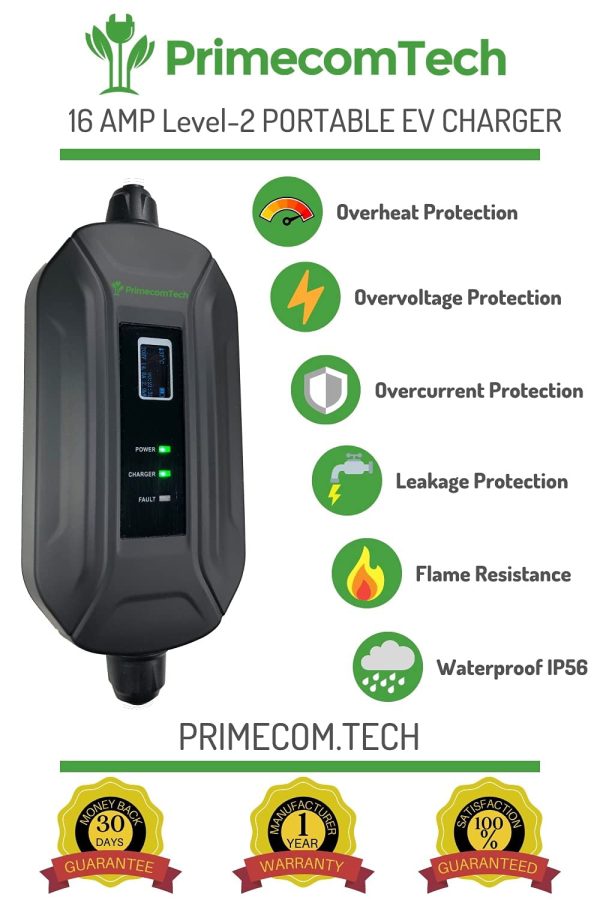 PRIMECOM Level 2 Electric Vehicle (EV) Charger (220V / 240Volt, 16Amp) Portable EVSE Smart Electric Car Charger, 30', 40', and 50 Feet Lengths (30 Feet, 10-30P) - Image 2