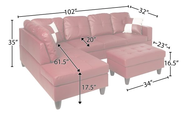 Beverly Fine Furniture Left Facing Russes Sectional Sofa Set With Ottoman, RED - Image 3