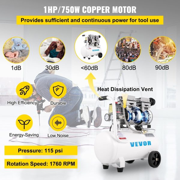 VEVOR Air Compressor 6.6 Gallon 1HP Portable Oil Free Air Compressor Steel Tank Pancake Air Compressor 115 PSI Ultra Quiet - Image 3