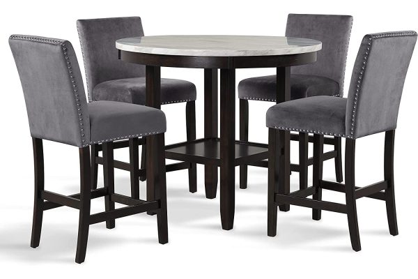 New Classic Furniture Celeste 5-Piece Faux Marble Round Counter Set with 1 Table and 4 Chairs, 42-Inch, Grey - Image 3