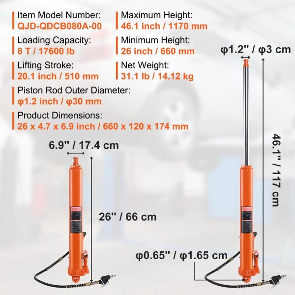 BENTISM Hydraulic Long Ram Jack, 8 Ton Engine Hoist Cylinder with Air Pump and Single Piston Pump, Hydraulic Ram Cylinder Clevis Base for Engine Lift Hoists, Garage/Shop Cranes, Mechanical, Farm - Image 7