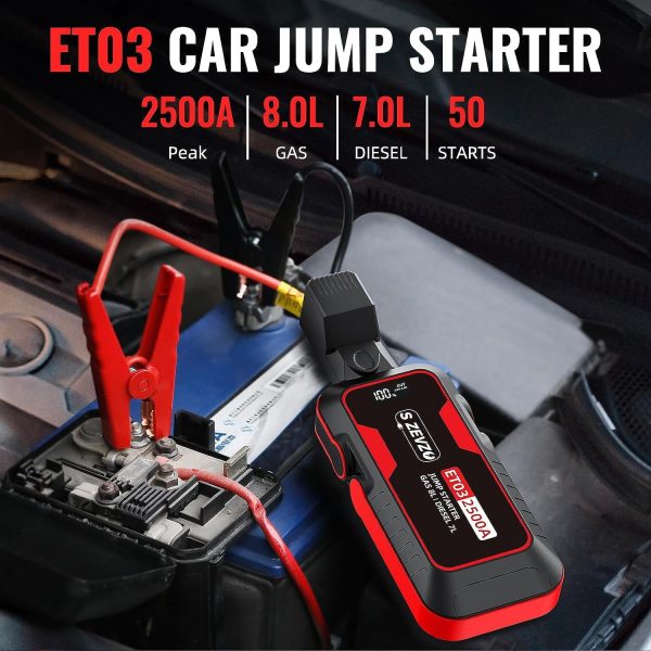 ET03 Car Jump Starter 2500A Jump Starter Battery Pack for Up to 8.0L Gas and 7.0L Diesel Engines, 74Wh Portable 12V Jump Box with USB Ports, LCD Display, Storage Case, and LED Light - Image 2