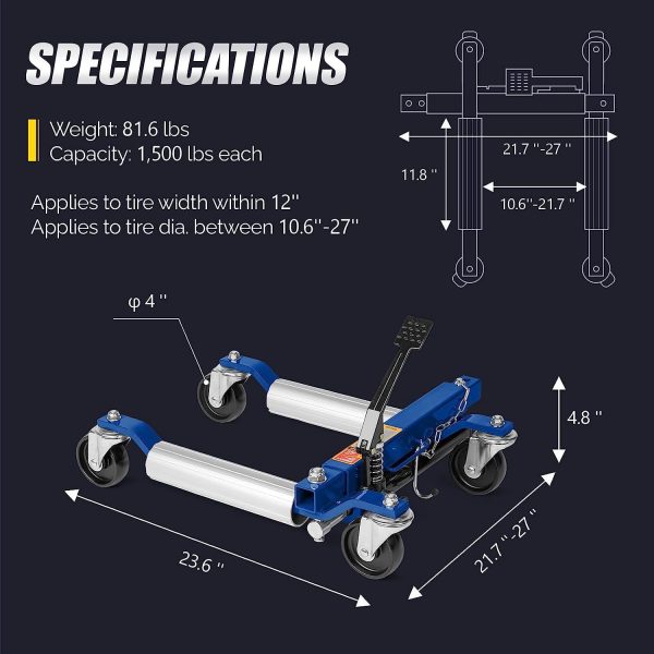 TUFFIOM Car Wheel Dolly Jack Set of 2, Hydraulic 1500-lbs Car Skates, 12'' Wheel Vehicle Positioning Jack, Heavy Duty Rollers with Foot Pedal for Tire Auto Repair Moving, Red/ Blue - Image 6