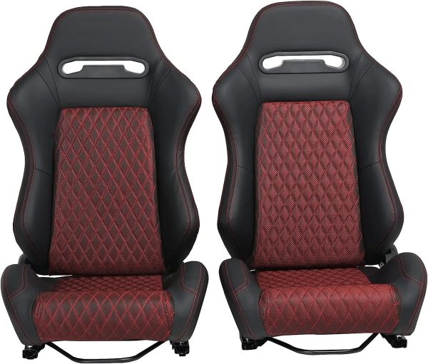 Universal Set of 2 Racing Seats Pair Black Leather Reclinable Bucket Sport Seats - Image 2