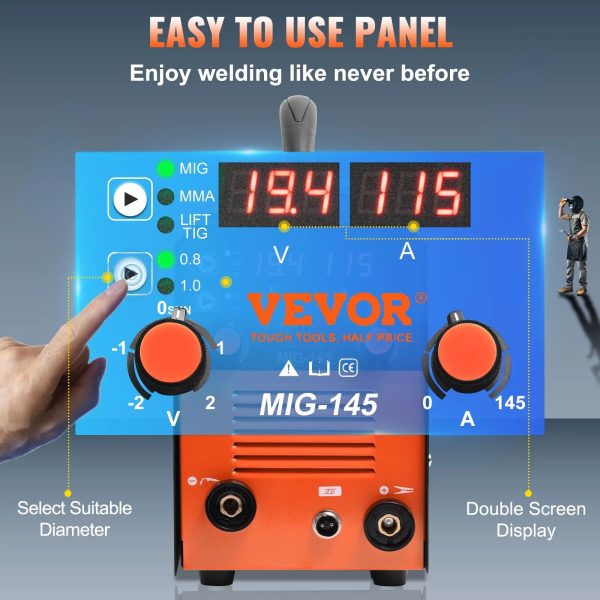 VEVOR 145A MIG Welder, 3 in 1 Combo Gasless MIG/Lift TIG/MMA with Welding Machine, 110 V Flux Core/Solid Wire Welding Machine with IGBT Inverter & MIG Torch - Image 3