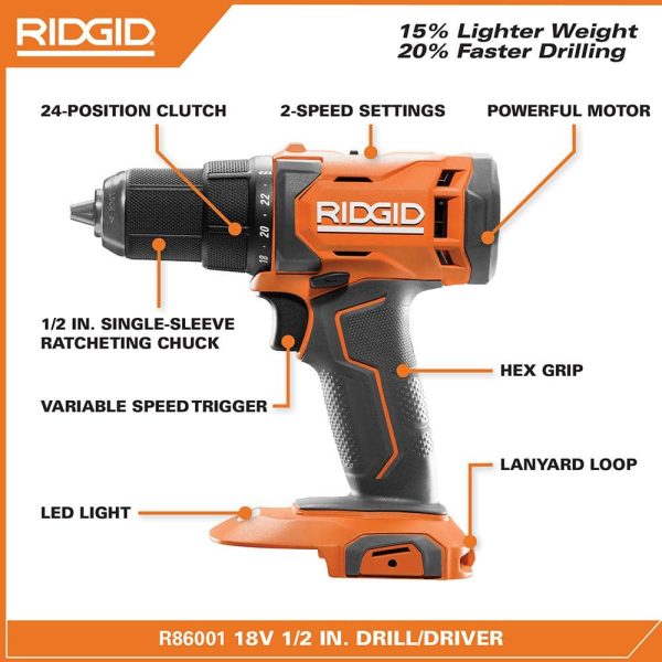 18V Cordless 2-Tool Combo Kit with 1/2 in. Drill/Driver, 1/4 in. Impact Driver, (2) 2.0 Ah Batteries, Charger, and Bag R9272 - Image 3