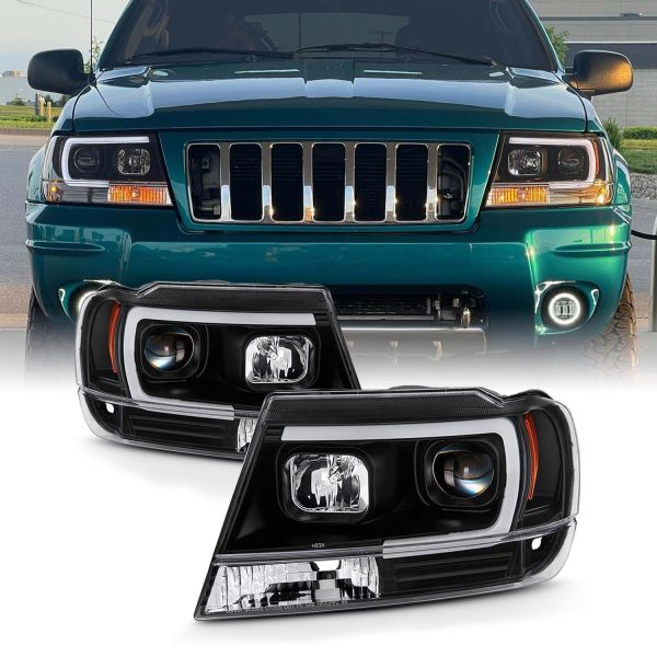 Fits 1999-2004 Jeep Grand Cherokee Black Full LED DRL Tube Projector Headlights