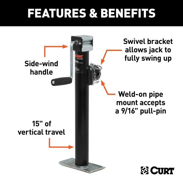 CURT 28324 Weld-On Pipe-Mount Swivel Trailer Jack, 2,000 lbs. 15 Inches Vertical Travel - Image 2