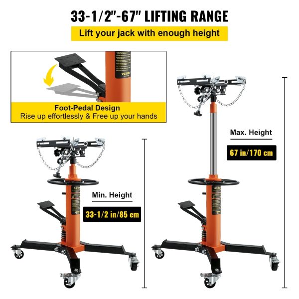 VEVOR Transmission Jack 1100 lbs 2-Stage Hydraulic High Lift Vertical Telescopic,Orange - Image 3