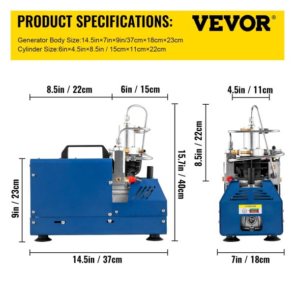 VEVORbrand High Pressure Compressor, 4500PSI/30MPA/300BAR High Pressure Air Compressor, 1800W 110V Automatic Stop Air Rifle Compressor for Paintball Air Rifle, PCP Rifle, Air Pistol, Diving Bottle - Image 7