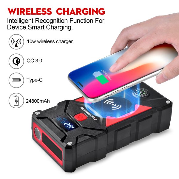 FNNEMGE Car Jump Starter 2500A Peak 24800mAh (Up to All Gas, 8.0L Diesel Engine), with 10W Wireless Charger Power Bank, 12V Auto Battery Booster with Smart Jumper Cable, USB Quick Charge 3.0 - Image 4